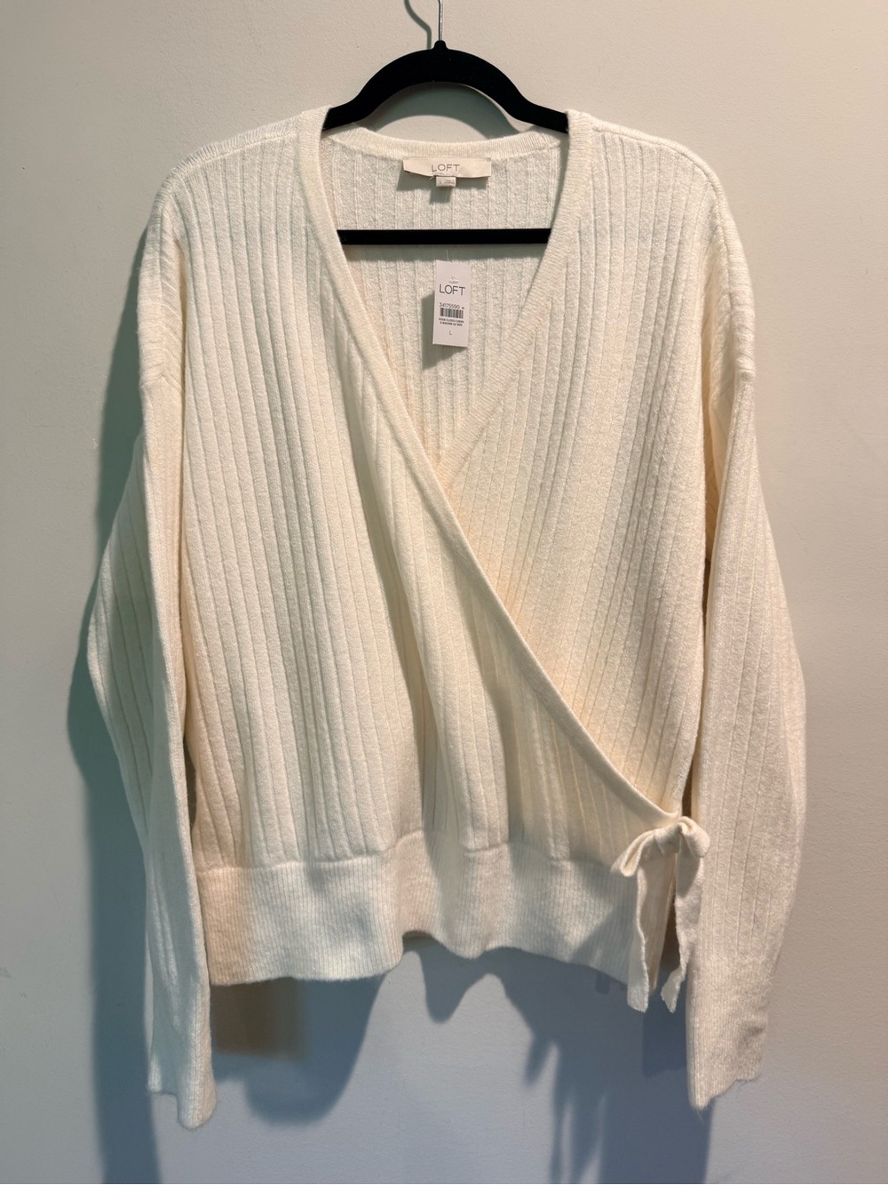 NWT LOFT Ribbed Faux Wrap Side Tie Sweater Ivory Size Large